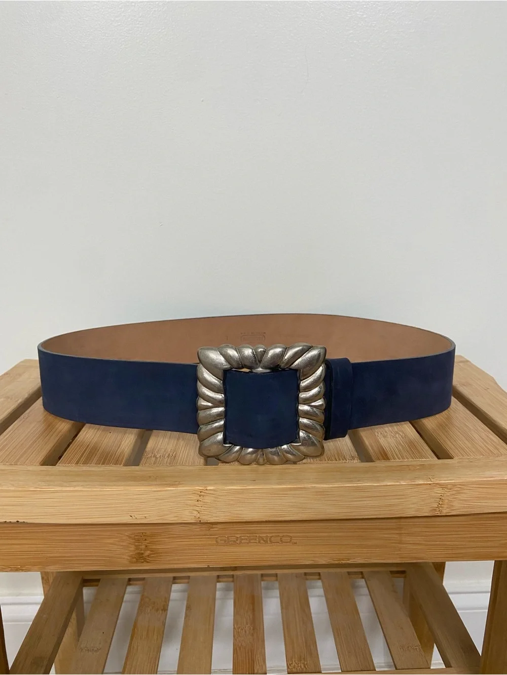 Vintage Harken Ltd Navy Blue Genuine Leather Belt Large Oversized Silver Buckle